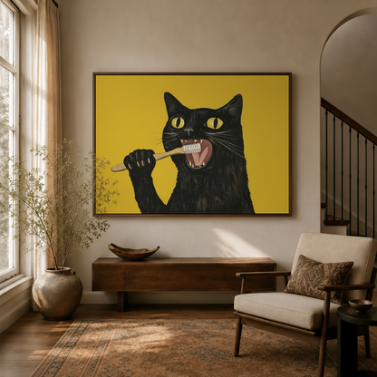 Modern black cat canvas wall art displayed in a stylish contemporary interior