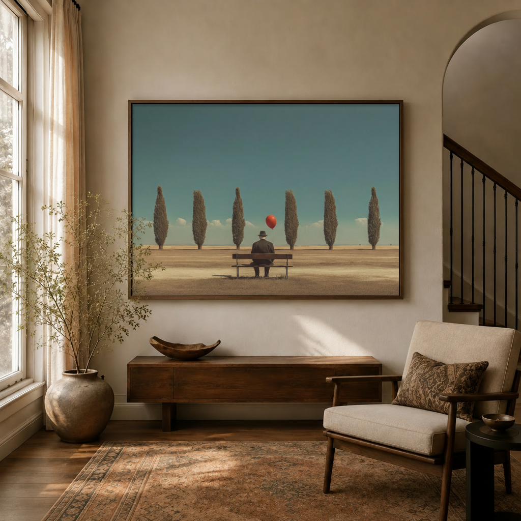 Framed surrealist canvas wall art of man with red balloon hung in a warm living room entryway