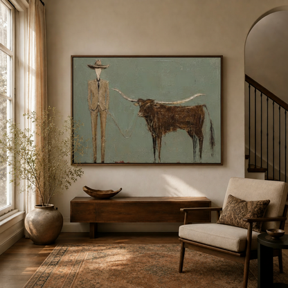 Expressionist western canvas art in dark walnut float frame above console table in warm living room