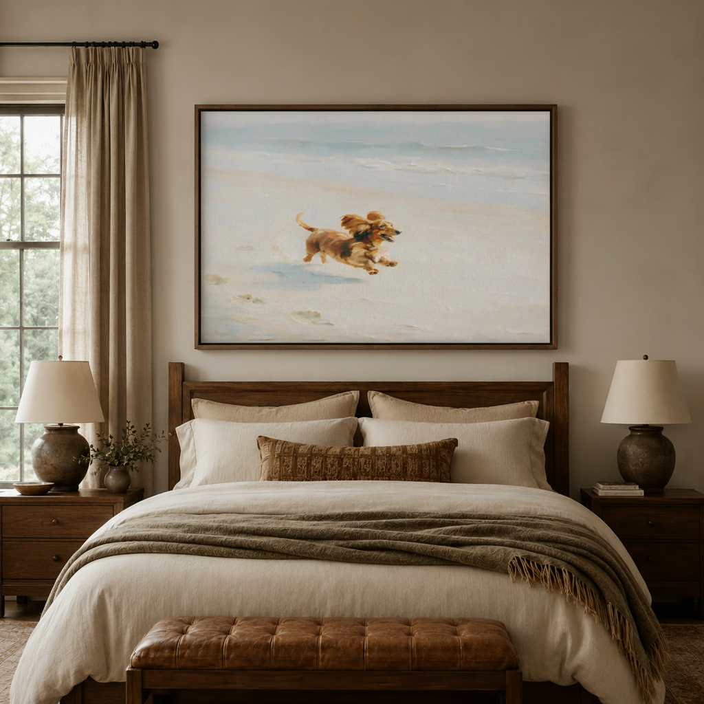  Racing dachshunds vintage cartoon canvas wall art displayed above warm neutral bedroom headboard dark walnut frame