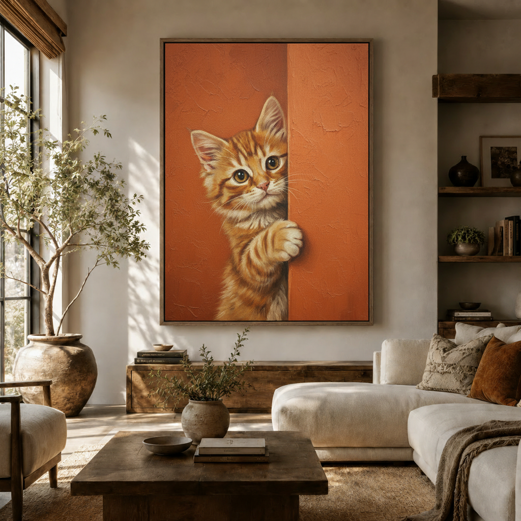 Curious orange tabby kitten peeking canvas print hanging in warm Japandi living room