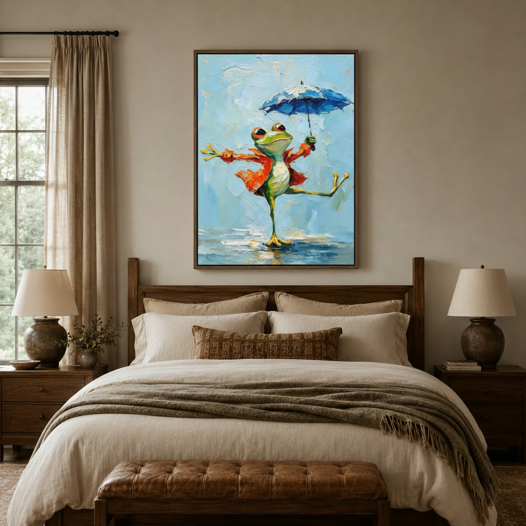 Joyful frog orange raincoat blue umbrella dancing impasto canvas in dark walnut frame above cozy bedroom headboard