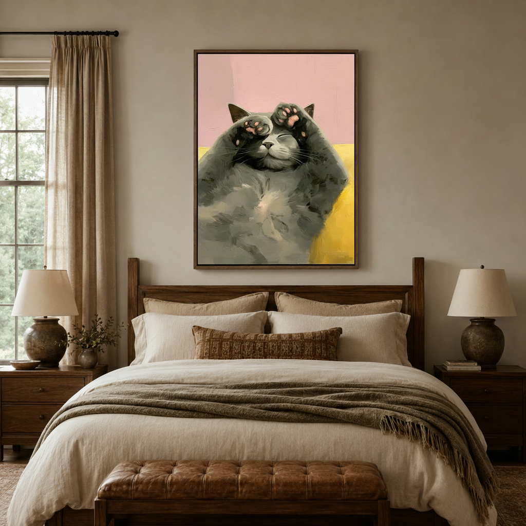 Lazy gray cat paws up canvas print displayed above bedroom headboard in warm beige interior