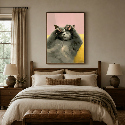 Lazy gray cat paws up canvas print displayed above bedroom headboard in warm beige interior