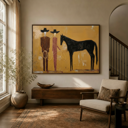 Western cowboy and black horse canvas print displayed in warm living room entryway above dark walnut console