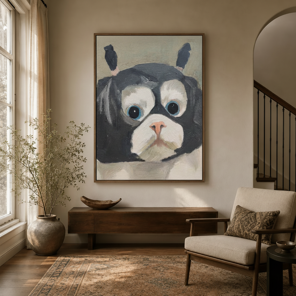 Whimsical dog portrait canvas hanging in a neutral entryway above a dark wood console table
