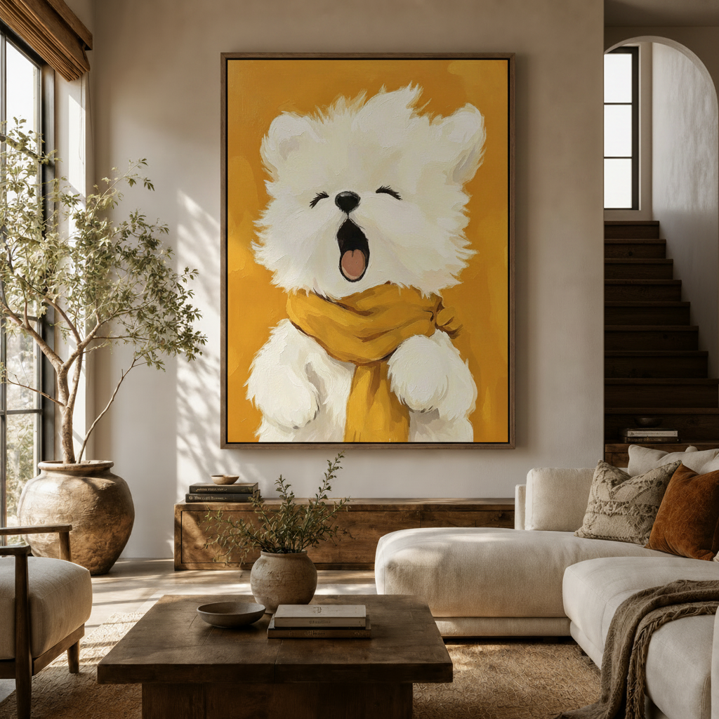 Playful bear canvas wall art hanging in bright modern living room with neutral decor