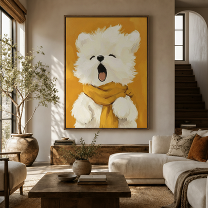 Playful bear canvas wall art hanging in bright modern living room with neutral decor