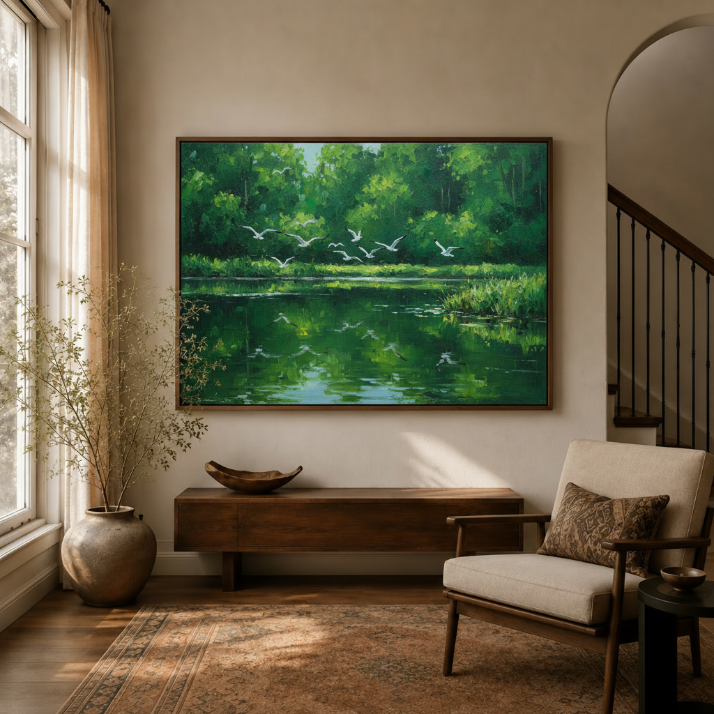 Framed impressionist green pond birds canvas wall art displayed in a cozy entryway above a wooden console table