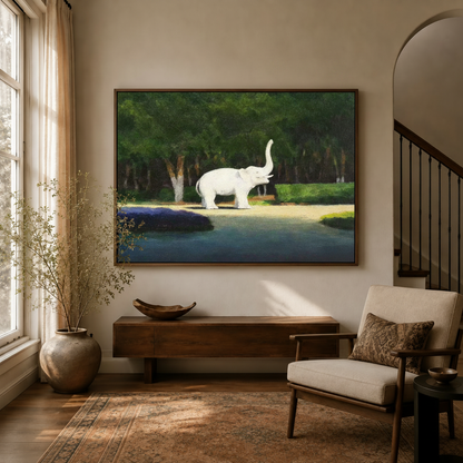 Majestic white elephant raising trunk in lush green forest oil painting canvas in a cozy living room