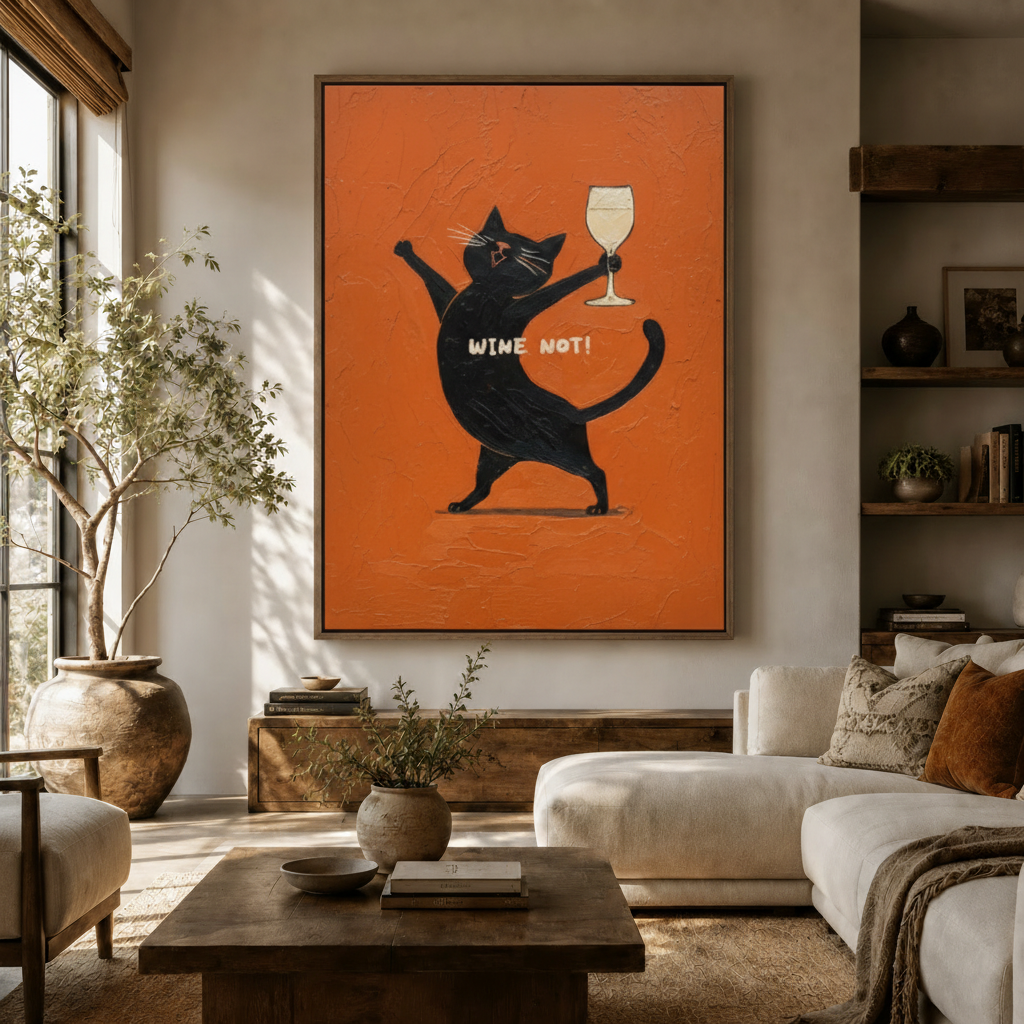 Funny black cat wine art print in float frame displayed in warm modern living room
