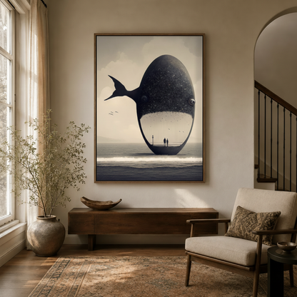 Surreal whale canvas print in walnut float frame above console in warm neutral entryway with arched doorway