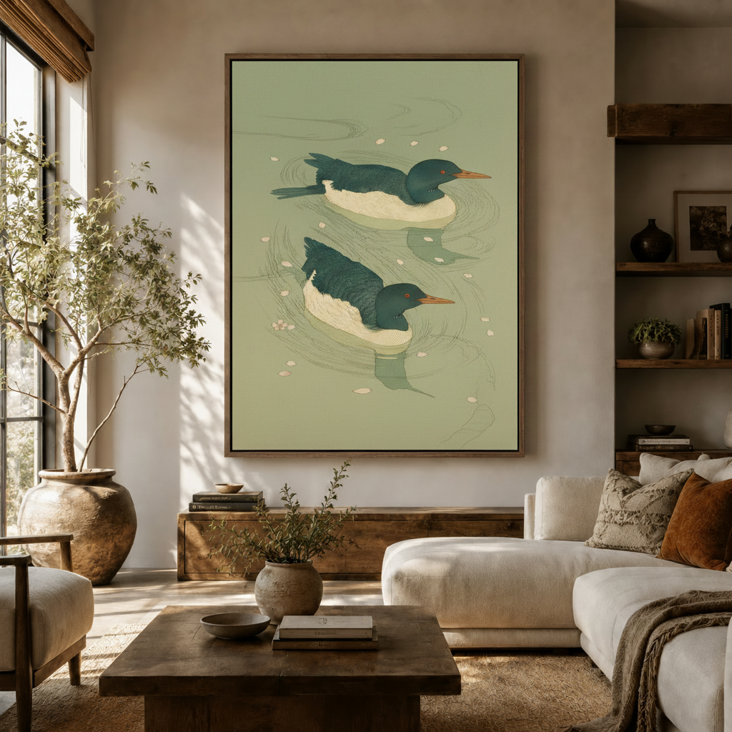 ukiyo-e ducks canvas print displayed in a warm neutral living room above a white sofa