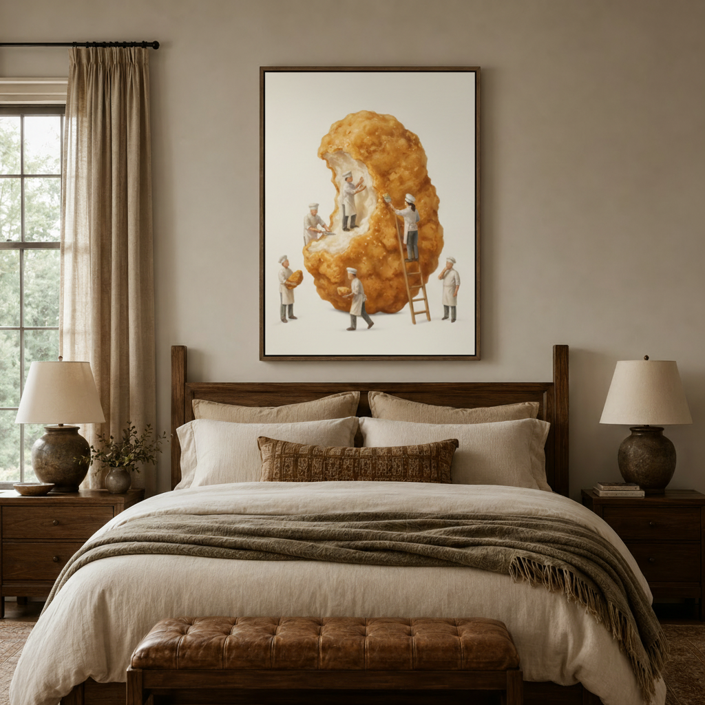 Whimsical miniature chefs fried chicken canvas in dark walnut frame centered above cozy neutral bedroom headboard