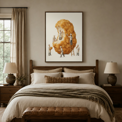 Whimsical miniature chefs fried chicken canvas in dark walnut frame centered above cozy neutral bedroom headboard
