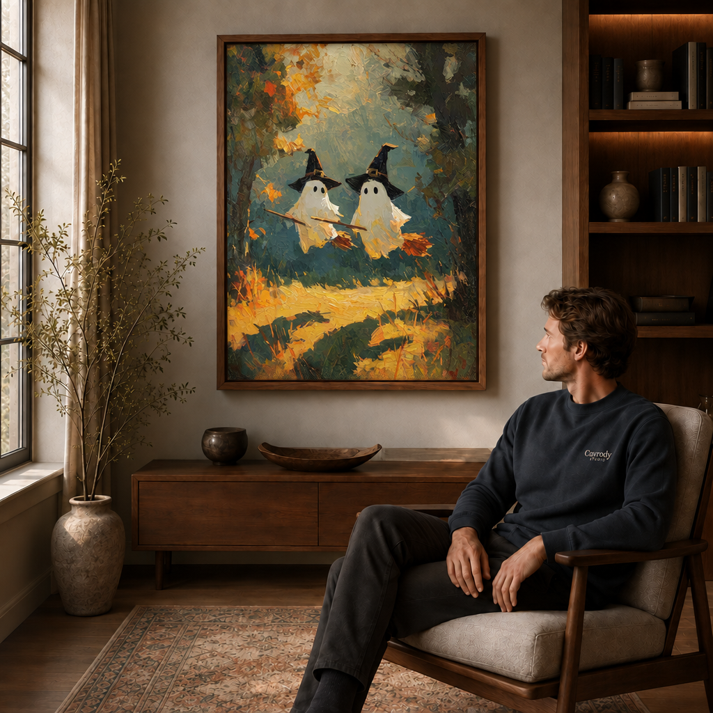 Ghost and black cat canvas wall art styled as cozy, vintage-inspired Halloween home decor.