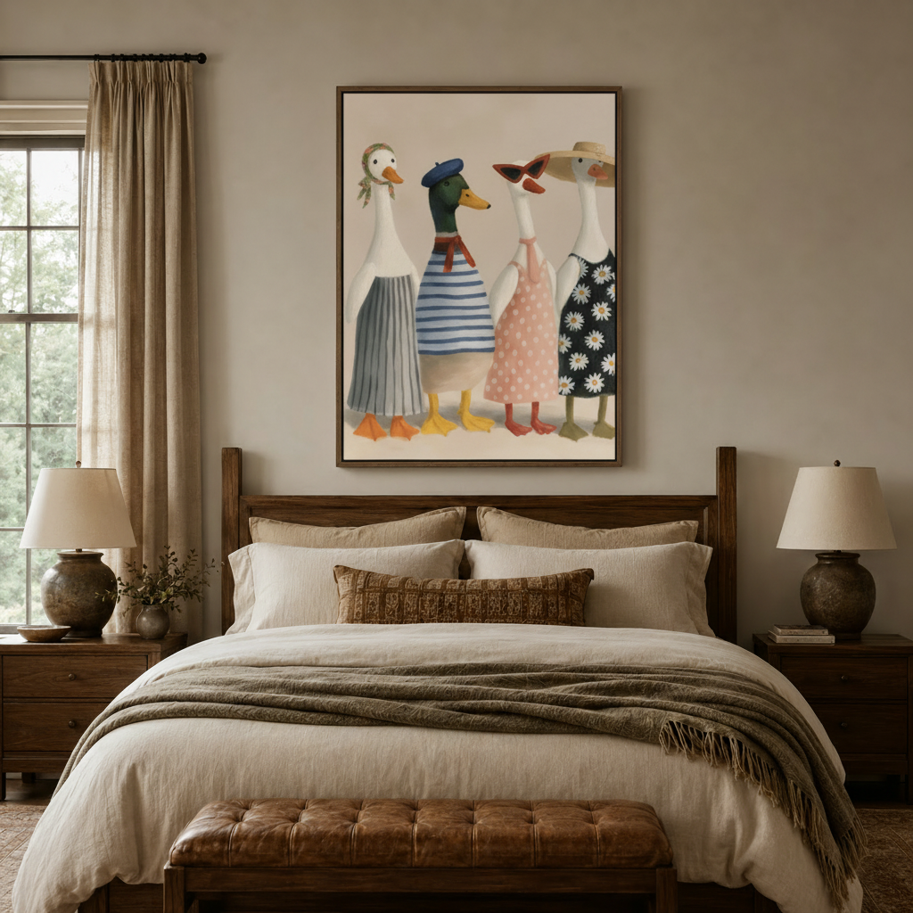 Four fashionable ducks folk art canvas wall art displayed above bed in warm neutral bedroom