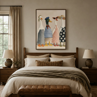 Four fashionable ducks folk art canvas wall art displayed above bed in warm neutral bedroom