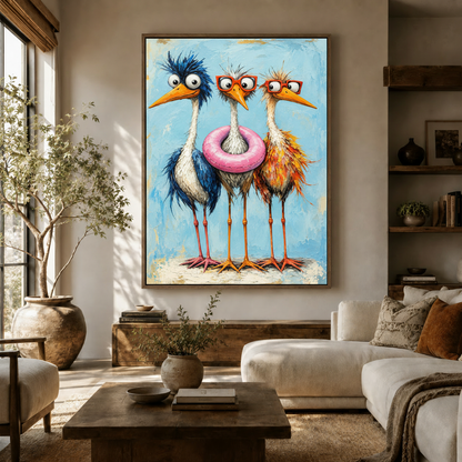 Whimsical funny bird trio oil painting displayed in warm neutral living room above sofa