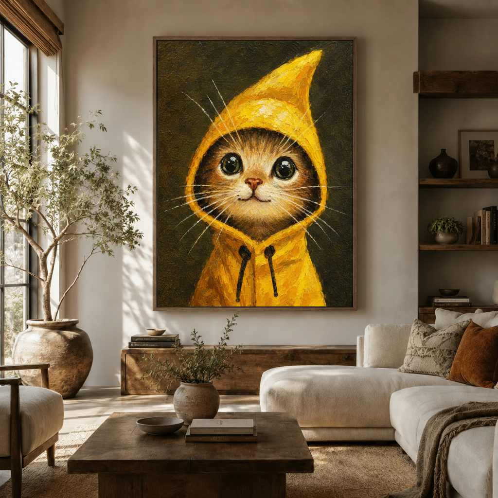 Whimsical cat oil painting in yellow raincoat displayed above sofa in modern living room