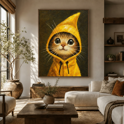 Whimsical cat oil painting in yellow raincoat displayed above sofa in modern living room