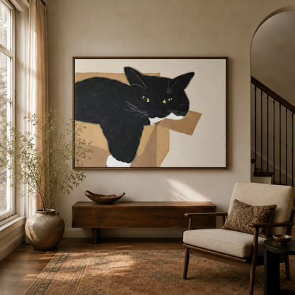 Black cat in box flat style canvas wall art displayed above console in warm neutral entryway