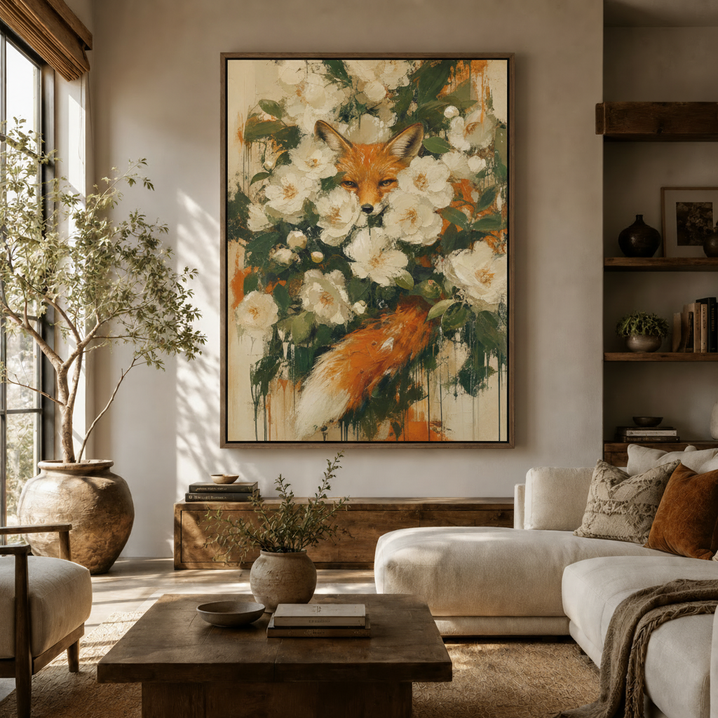 Red fox camellia impasto oil painting in dark walnut float frame, warm living room wall art decor