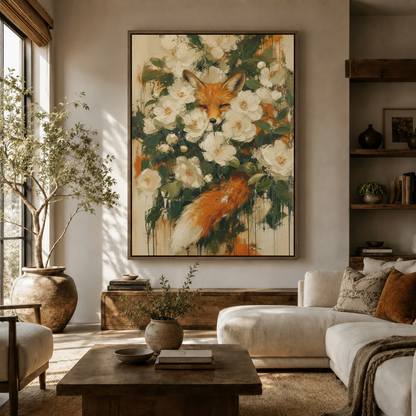 Red fox camellia impasto oil painting in dark walnut float frame, warm living room wall art decor