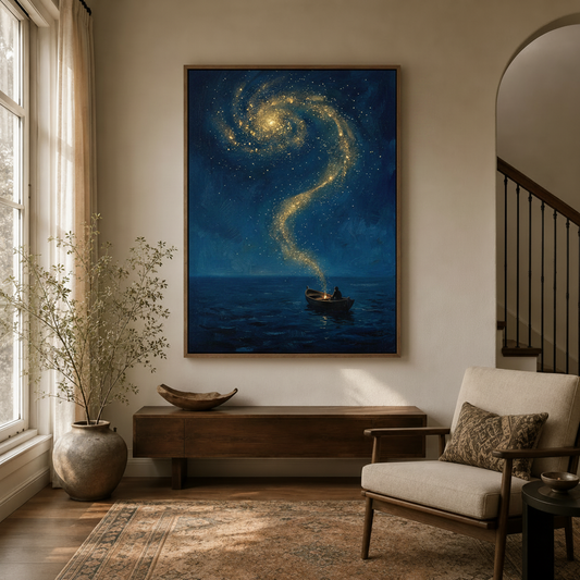 Dark romantic canvas wall art of a glowing galaxy spiral rising from a lone boat on a midnight sea, displayed in an entryway