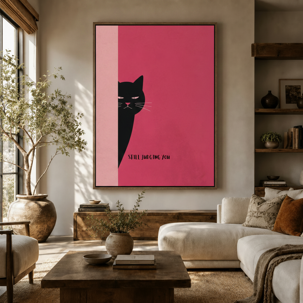Still Judging You black cat canvas in float frame styled in a warm neutral living room