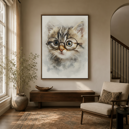 Kitten glasses watercolor canvas wall art in dark walnut float frame above entryway console with dried branch arrangement and warm natural light