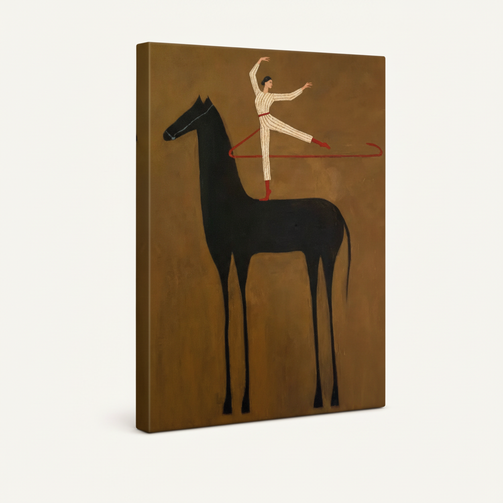 Gallery-wrapped canvas side view of minimalist figurative painting in golden ochre and black tones