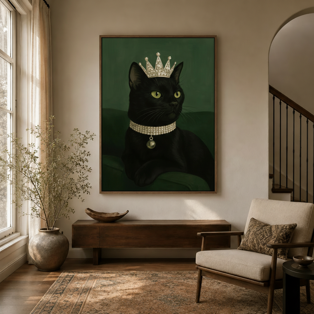 Royal black cat crown canvas wall art in dark walnut frame displayed in warm neutral entryway