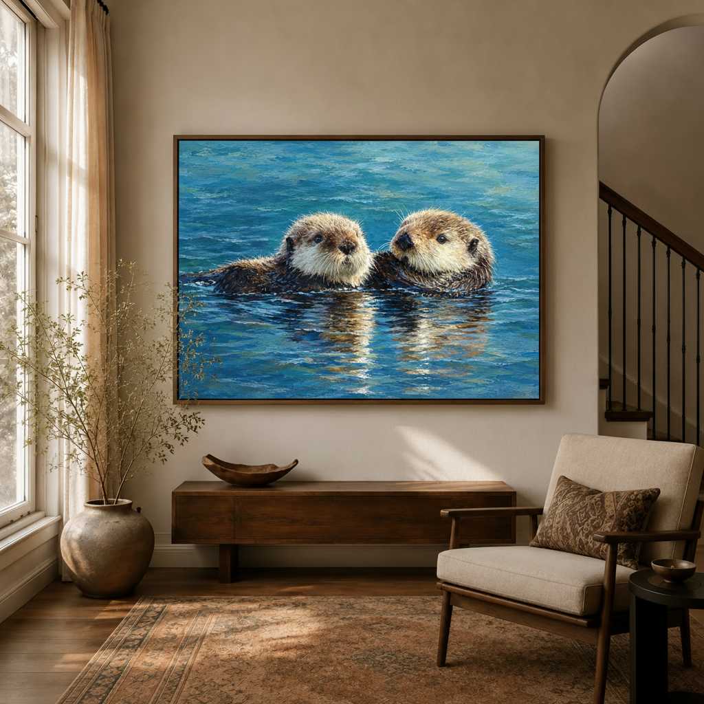 Two sea otters oil painting canvas in walnut float frame hanging in a bright entryway with arched doorway