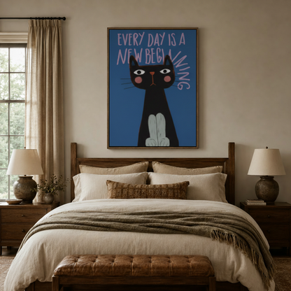 Black cat motivational quote flat art canvas in dark walnut frame centered above cozy bedroom headboard
