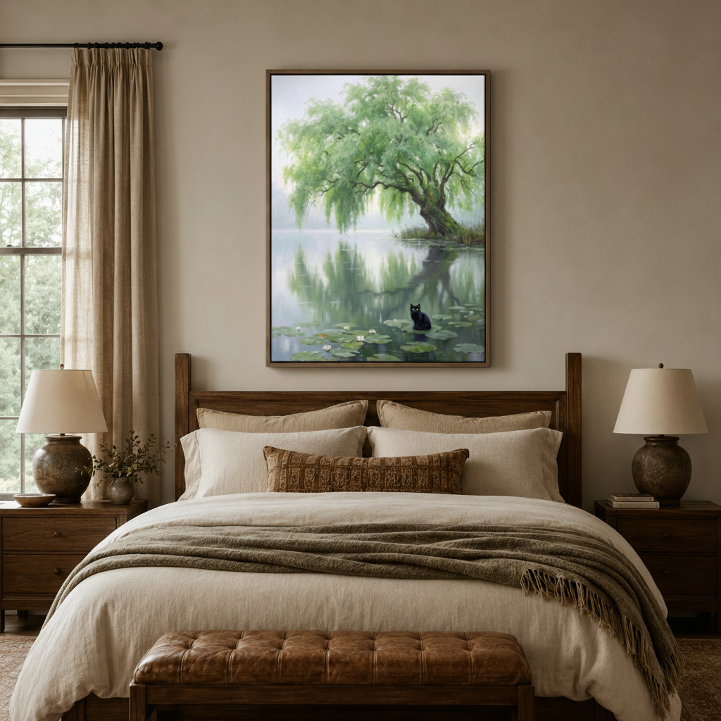 Black cat and weeping willow pond impressionist canvas hung above walnut bed in warm neutral bedroom