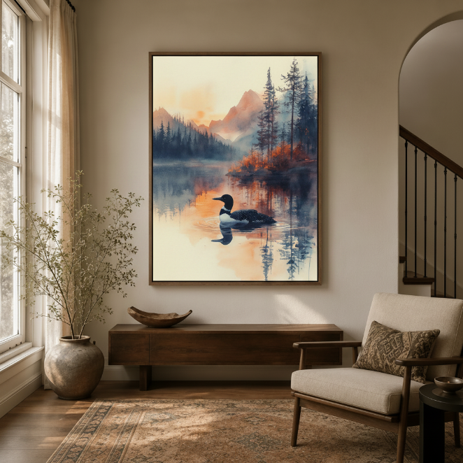 Misty mountain lake loon watercolor art in dark walnut frame styled in a warm neutral entryway