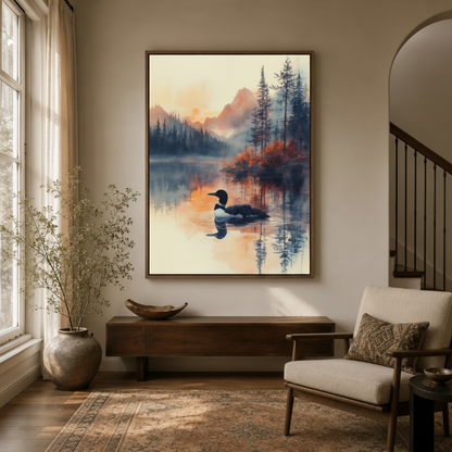Misty mountain lake loon watercolor art in dark walnut frame styled in a warm neutral entryway