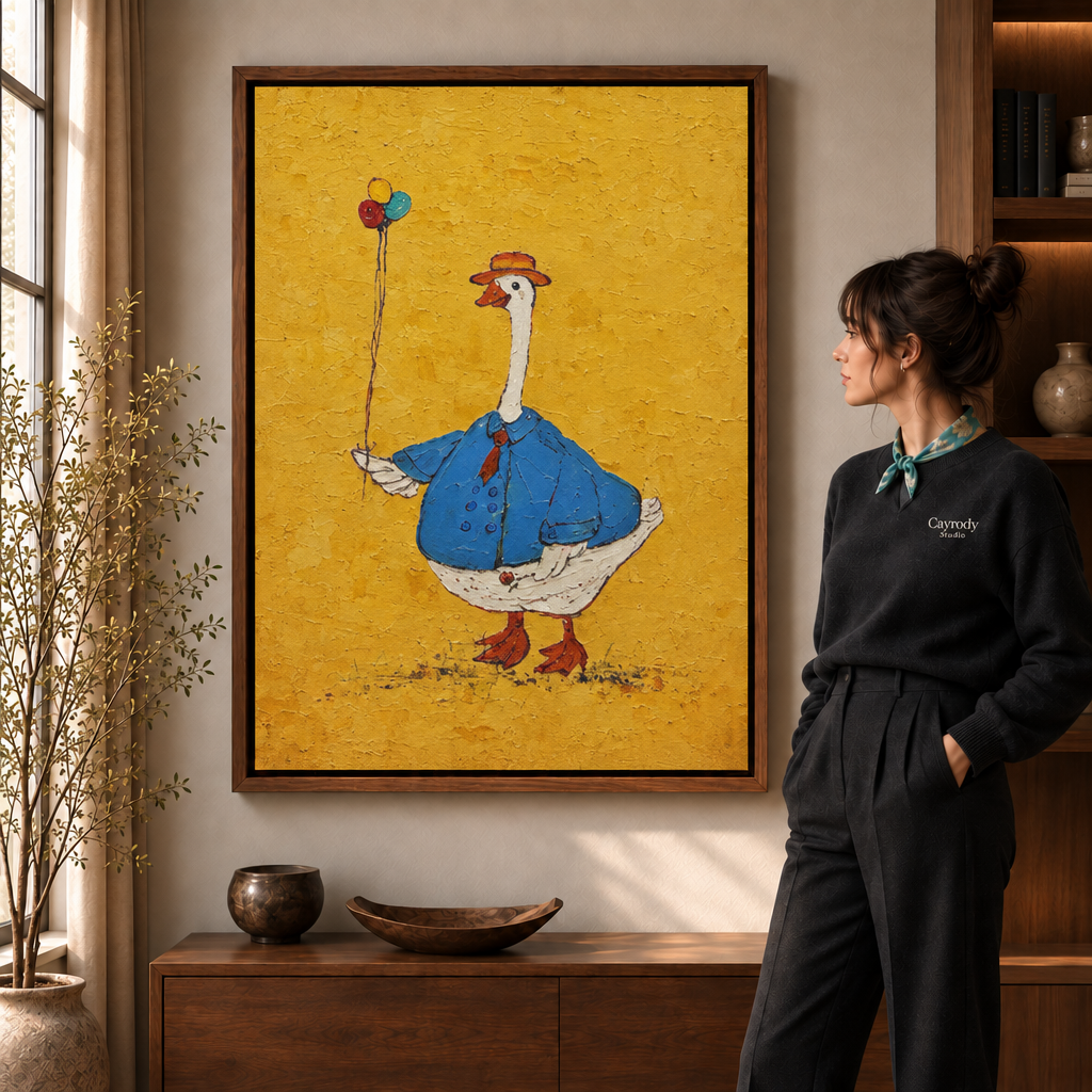 Whimsical goose canvas art with a blue coat and balloons above a wooden cabinet beside a seated man.