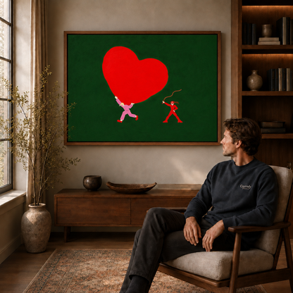 Playful red heart canvas wall art above a wooden cabinet.