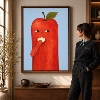 Framed whimsical red apple canvas displayed above a walnut console beside a woman.
