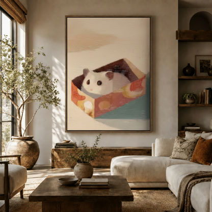Cute hamster in a box oil painting canvas print displayed in a bright boho living room