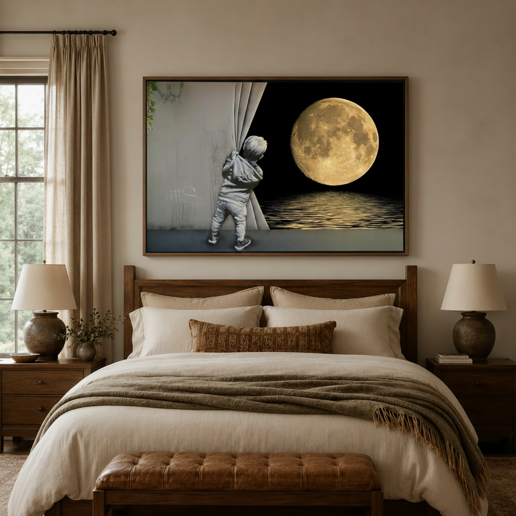 Surrealist moon night boy framed canvas wall art above bed in warm bedroom