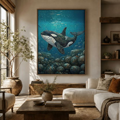 Mosaic orca canvas print displayed in a warm organic modern living room above a wooden sideboard