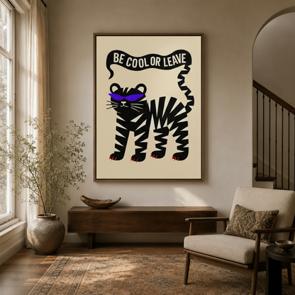  Bold tiger with sunglasses framed canvas art hung in bright entryway with staircase and arch