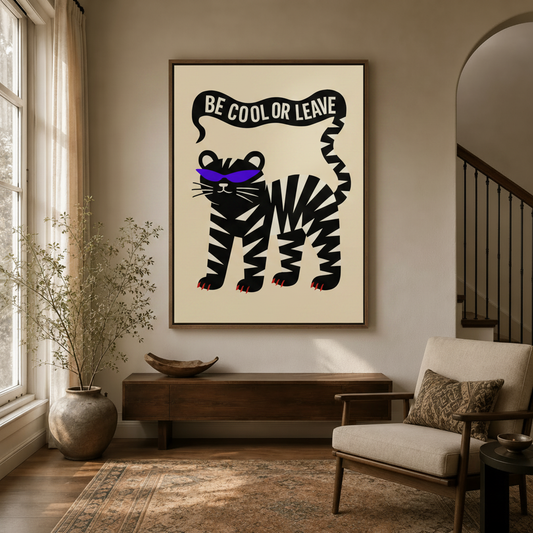  Bold tiger with sunglasses framed canvas art hung in bright entryway with staircase and arch