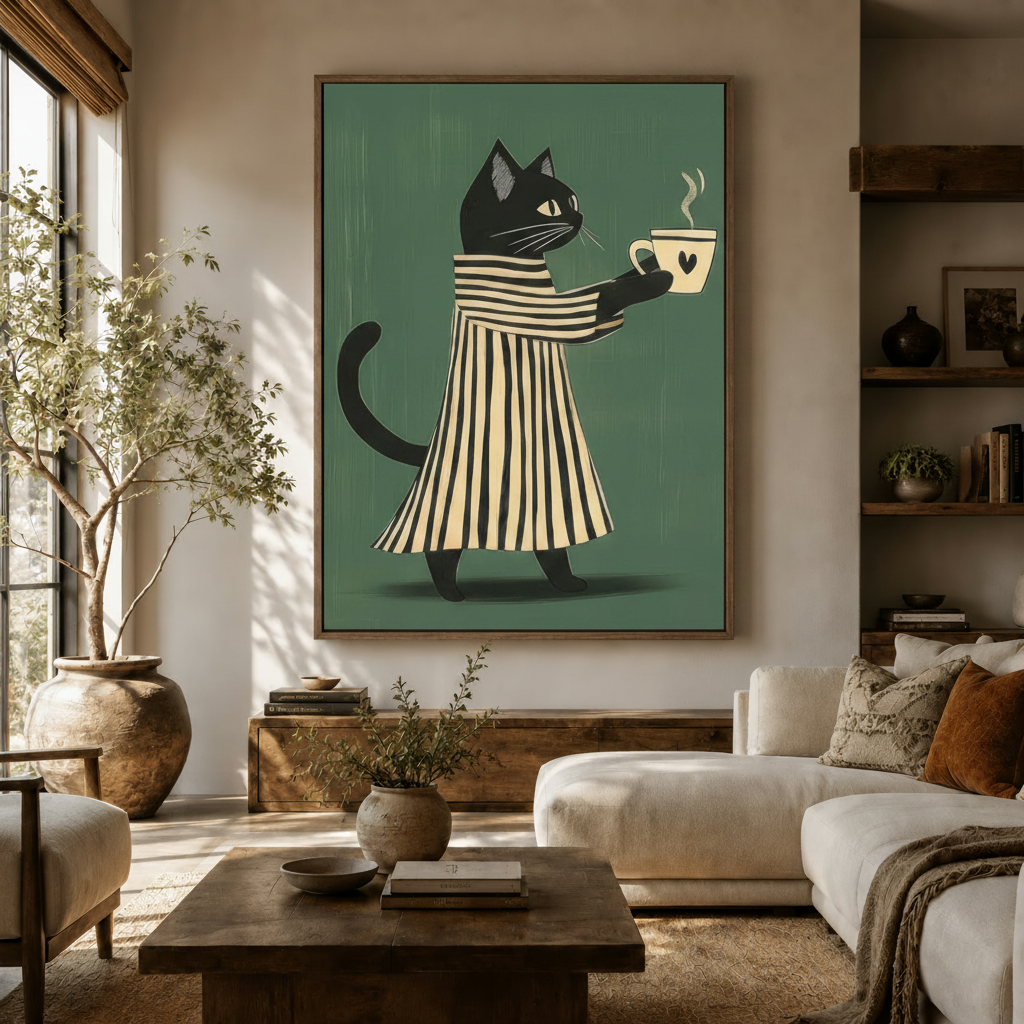 Cute black cat coffee lover canvas wall art in dark walnut float frame above living room sideboard