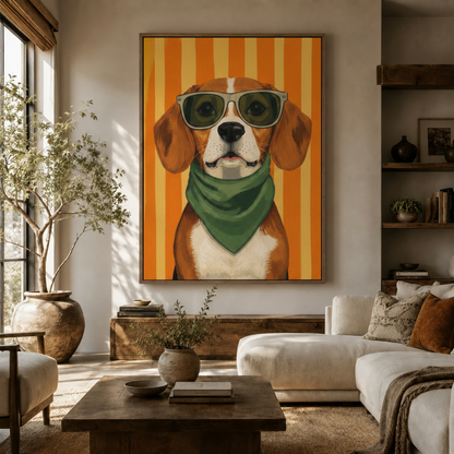 Cool Beagle pop art canvas in walnut float frame styled in warm neutral living room