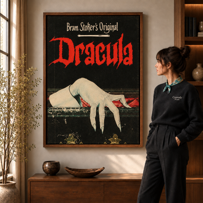 Dracula-inspired gothic poster artwork in a dark, vintage horror style on canvas.
