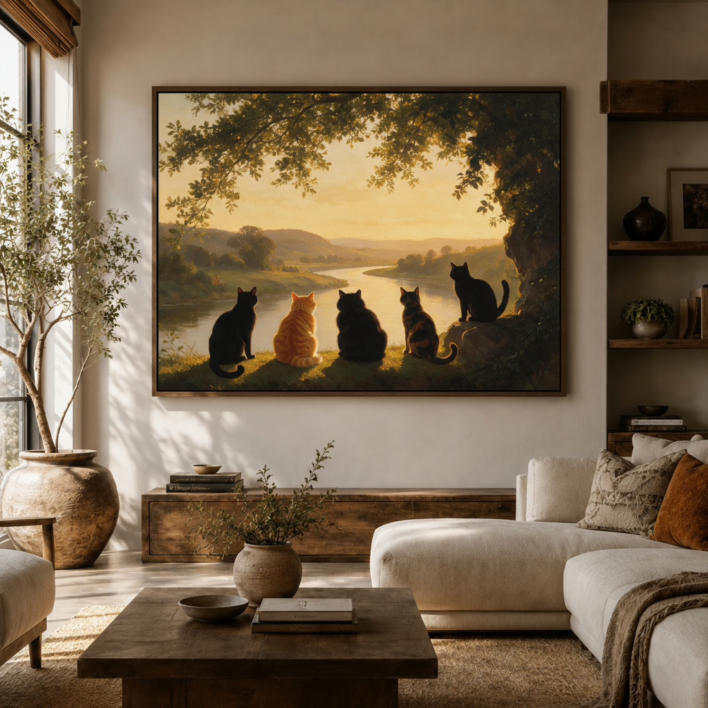 Framed cat sunset painting on off-white wall above white sofa with wooden shelves and olive tree
